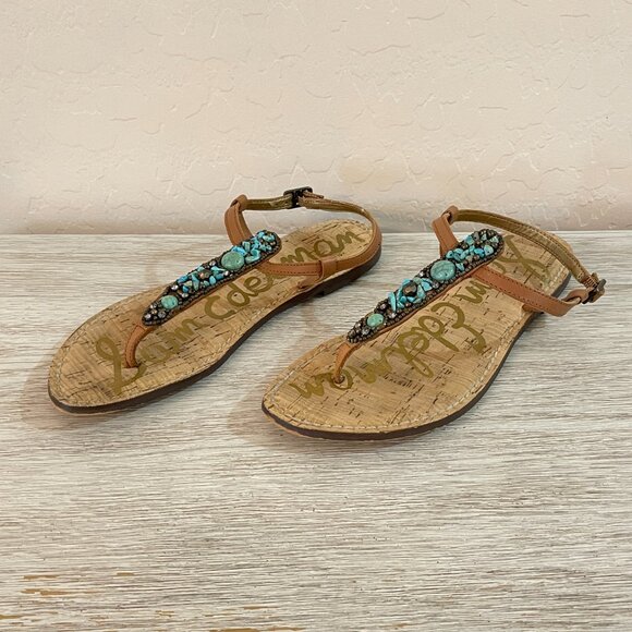 Sam Edelman Sandals 6.5 Tan Turquoise Blue Stones Beads Cork Thong T Strap Flat - Picture 3 of 12